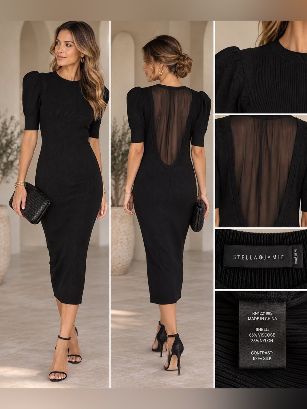 Stella & Jamie Sade Black Ribbed Sheer Open Back Sweater Midi Dress Size M